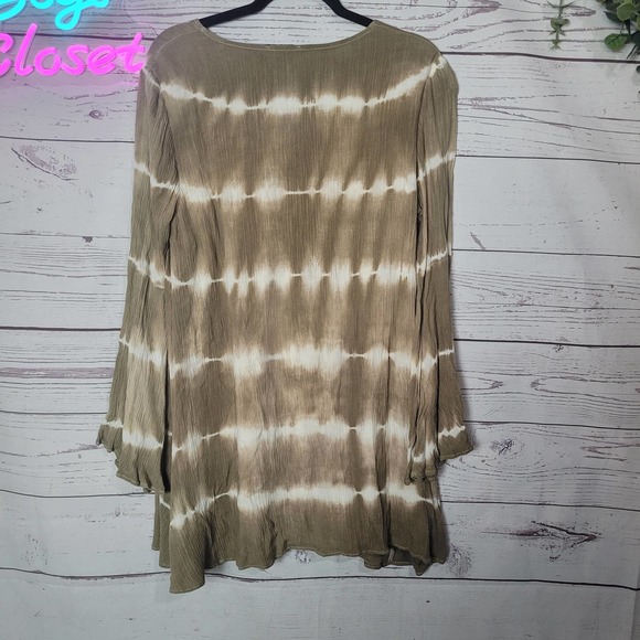 Very J Tan White Tie Dye Lace Up Front Long Sleeve Dress Womans Size Medium - Picture 2 of 5